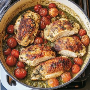 Creamy Pesto Chicken With Roasted Tomatoes Recipe