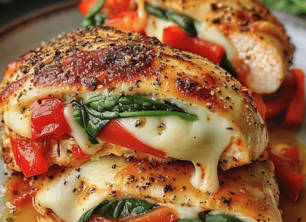 Juicy Roasted Red Pepper, Spinach, And Mozzarella Stuffed Chicken Recipe
