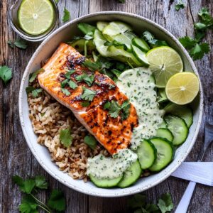 Crunchy Brown Rice Salmon Bowls With Herbed Tahini Dressing Recipe