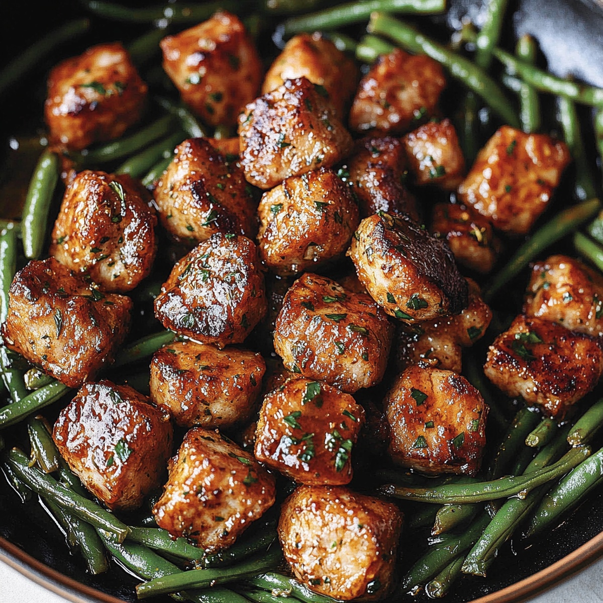 Garlic Butter Pork Bites With Lemon Green Beans Recipe