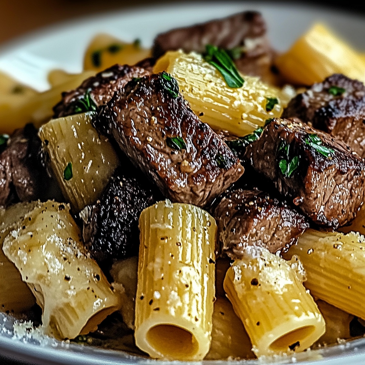 Mouthwatering Garlic Butter Steak Tips With Cheesy Rigatoni Recipe