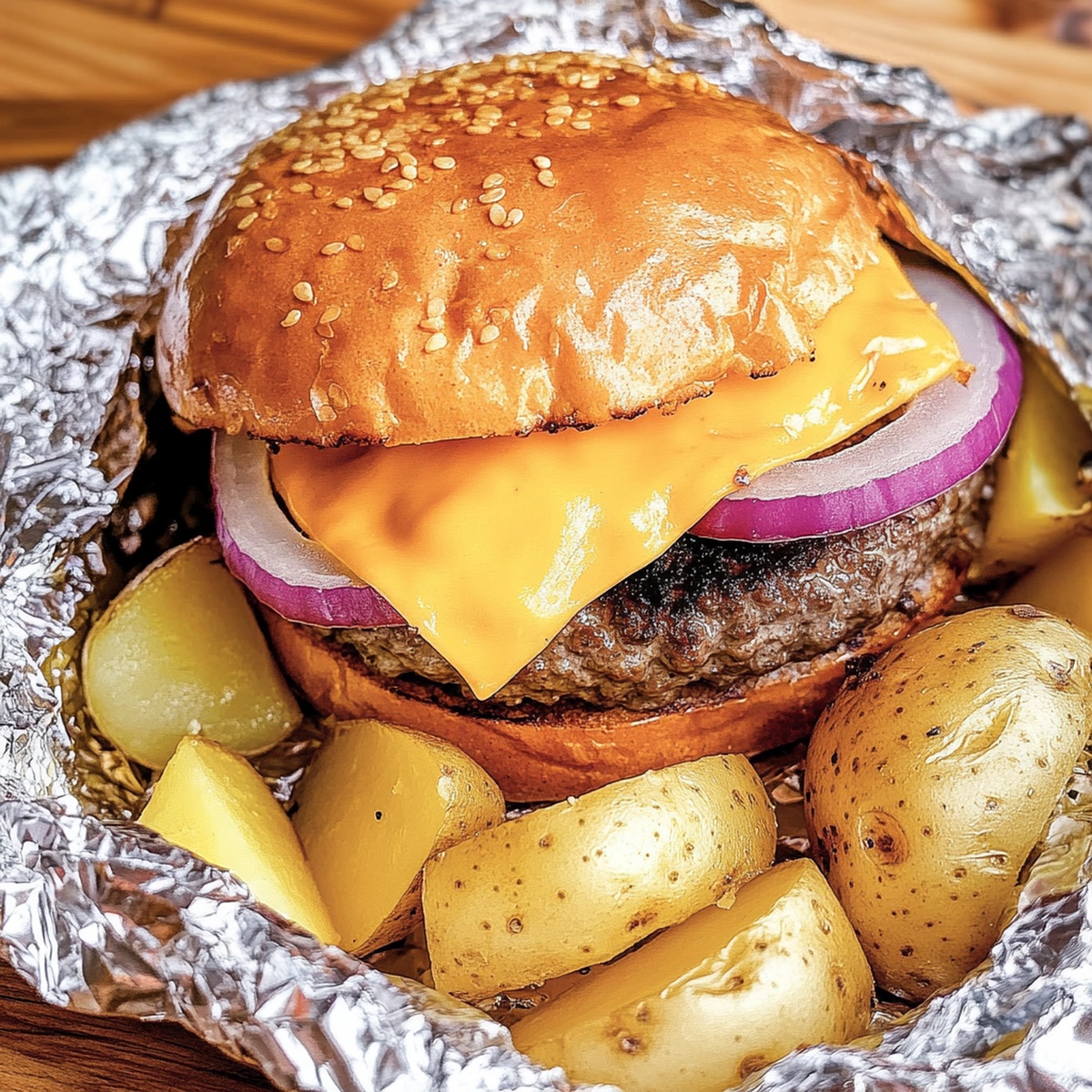 Cheeseburgers In Foil With Veggies And Potatoes Recipe