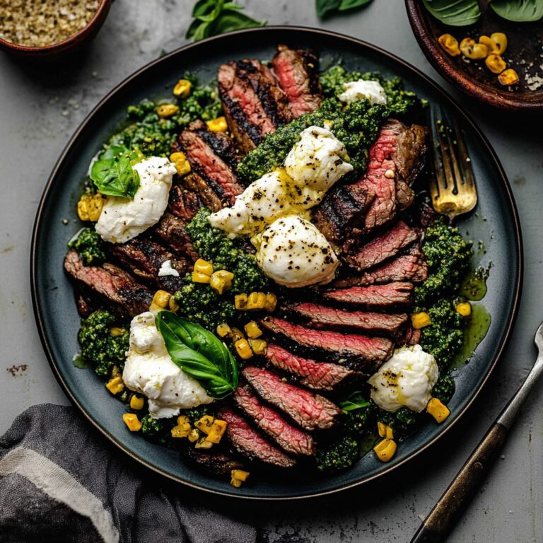Juicy Flank Steak With Burrata & Pesto Recipe