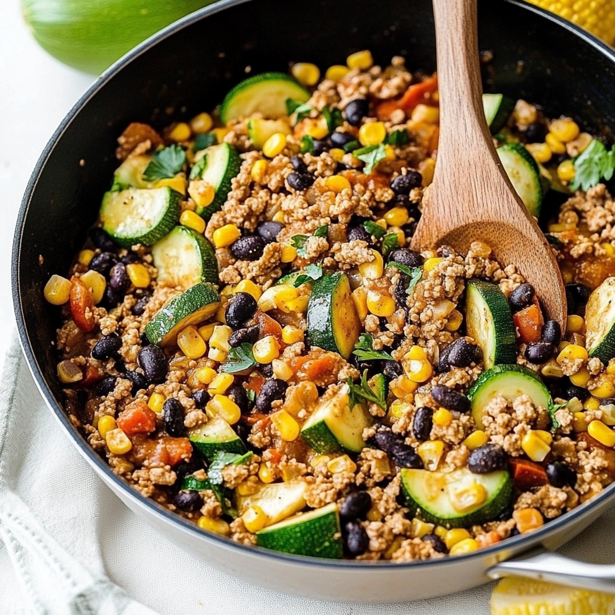 Ground Turkey Skillet With Zucchini, Corn, Black Beans, And Tomato Recipe